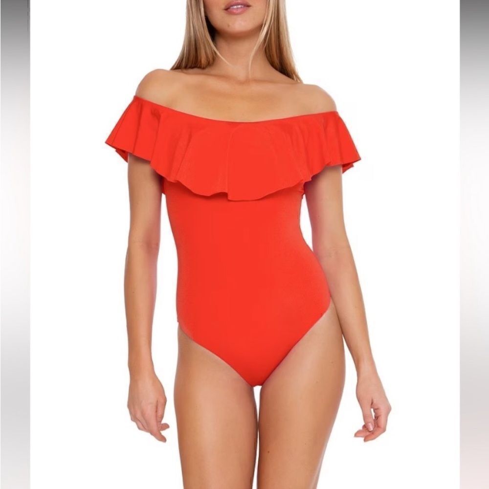 Trina Turk off the shoulder, ruffled, fully lined w/ soft padded cups one piece
